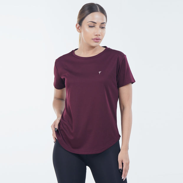 Tf-Maroon Half Sleeve Women Mesh Performance Tee