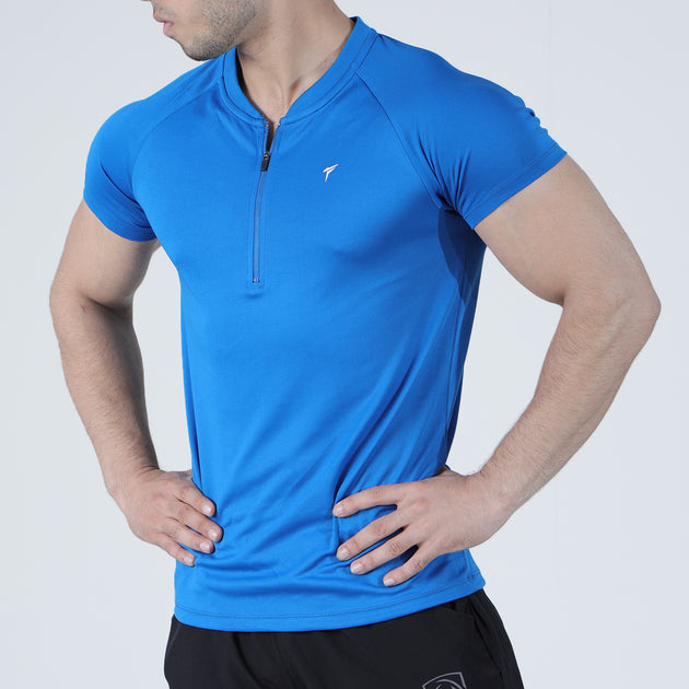 Royal Blue Mesh Quarter Zip Half Sleeve Tee