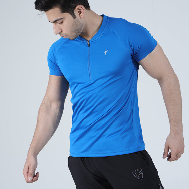 Royal Blue Mesh Quarter Zip Half Sleeve Tee