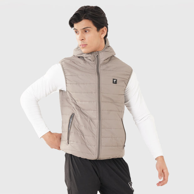 Tf-Premium Light Brown Sleeveless Puffer Hoodie Jacket