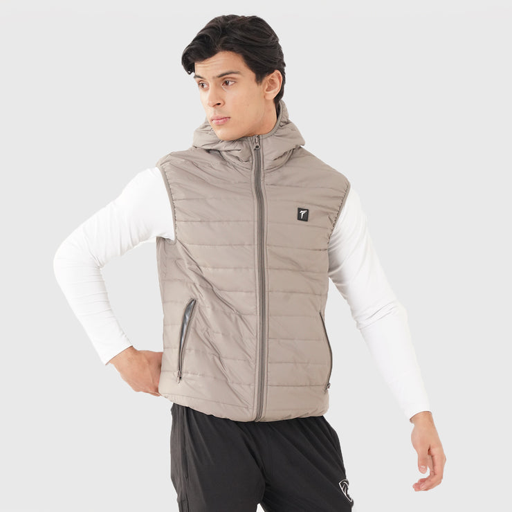 Tf-Premium Light Brown Sleeveless Puffer Hoodie Jacket