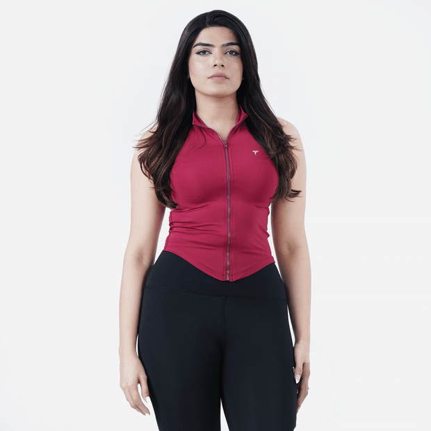 Tf-Sleeveless Ultra Premium Maroon Compression Zipper Top