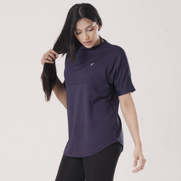 Tf-Navy Relaxed Fit Long Mesh Women Tee