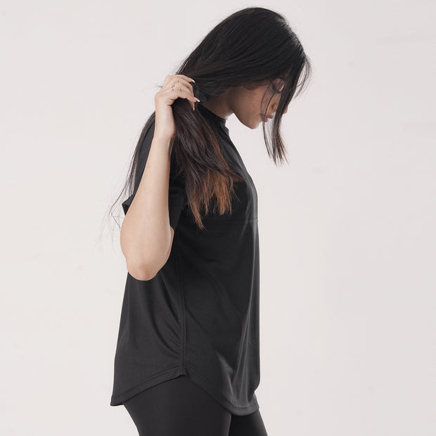 Tf-Black Relaxed Fit Long Mesh Women Tee