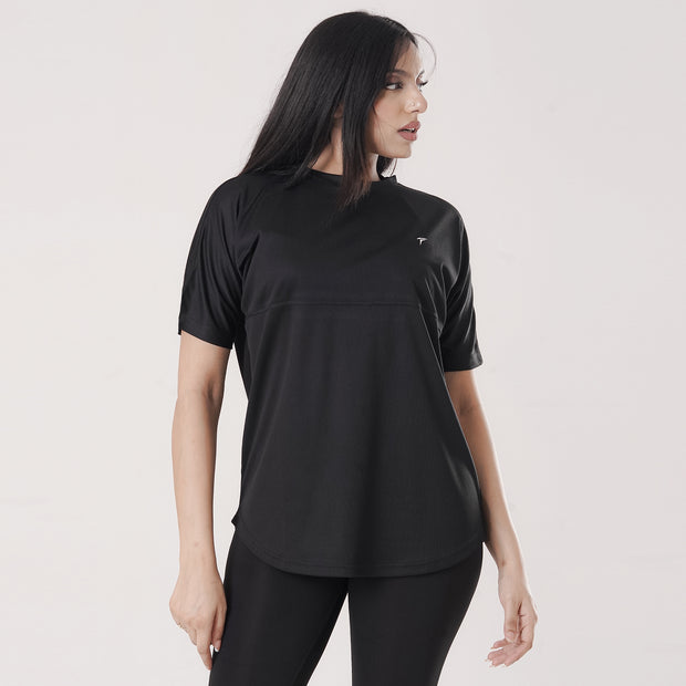 Tf-Black Relaxed Fit Long Mesh Women Tee