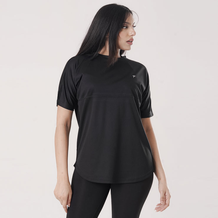 Tf-Black Relaxed Fit Long Mesh Women Tee