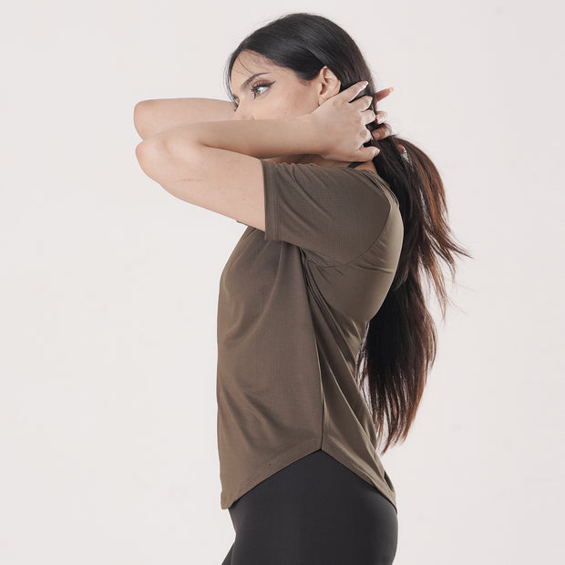 Tf-Premium Olive Half Sleeve Women Mesh Tee