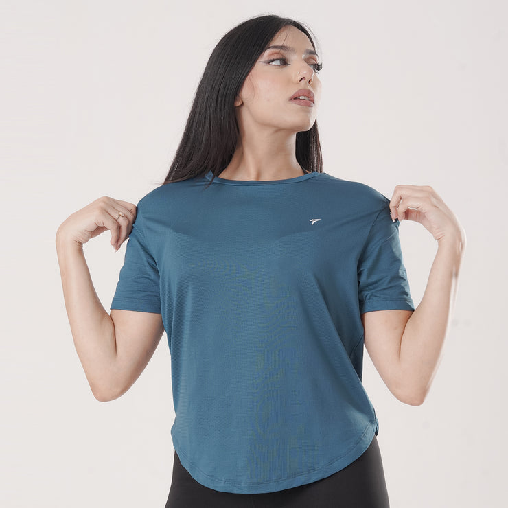 Tf-Premium Teal Half Sleeve Women Mesh Tee