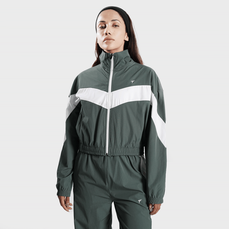 Tf-BaseRun Green And White Contrast Women Zipper Top