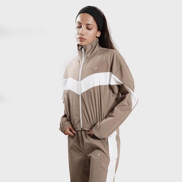 Tf-BaseRun Khaki And White Contrast Women Zipper Top