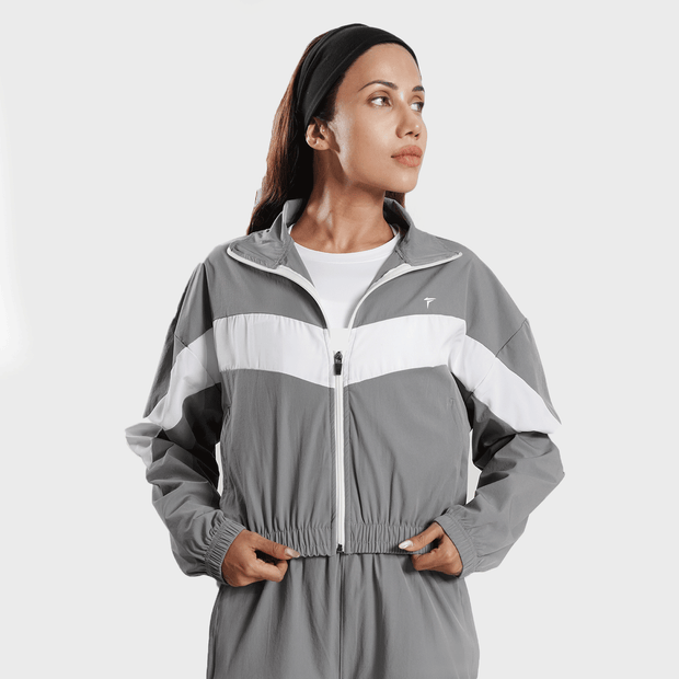 Tf-BaseRun Grey And White Contrast Women Zipper Top