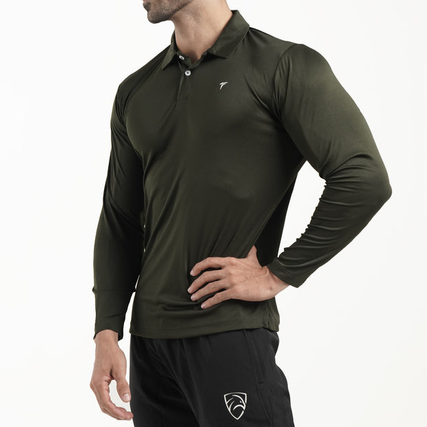 Tf-Full Sleeve Olive Polo Tee With White Back Panel
