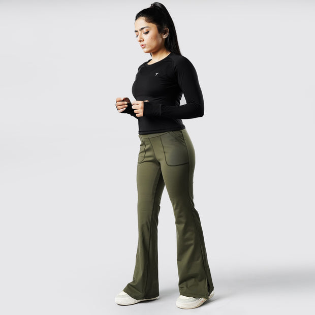 Tf-Premium Olive Green High Waisted Flare Cut Leggings