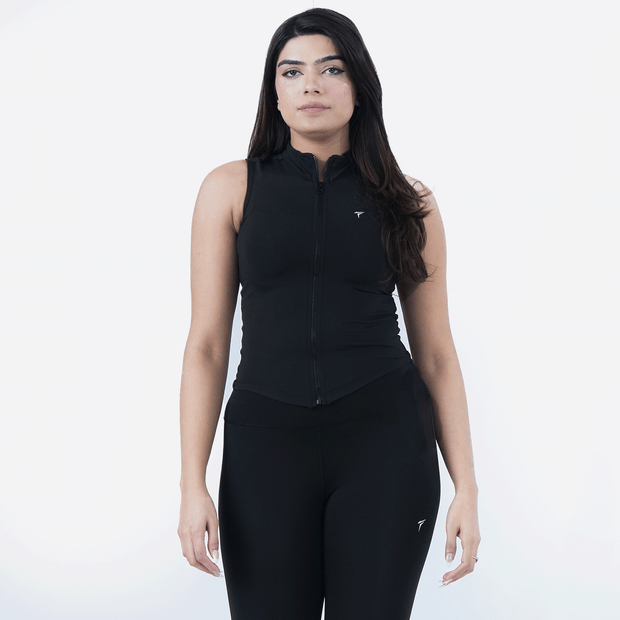 Tf-Sleeveless Ultra Premium Black Compression Zipper Top