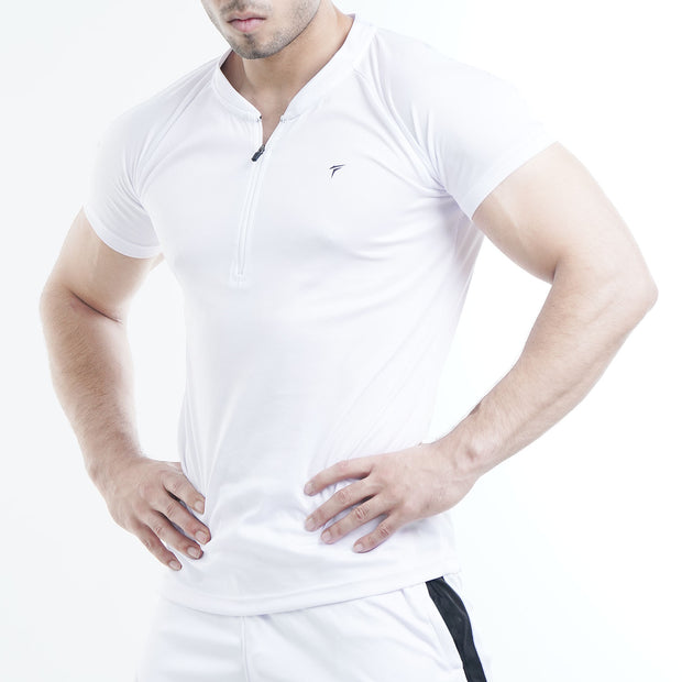White Mesh Quarter Zip Half Sleeve Tee