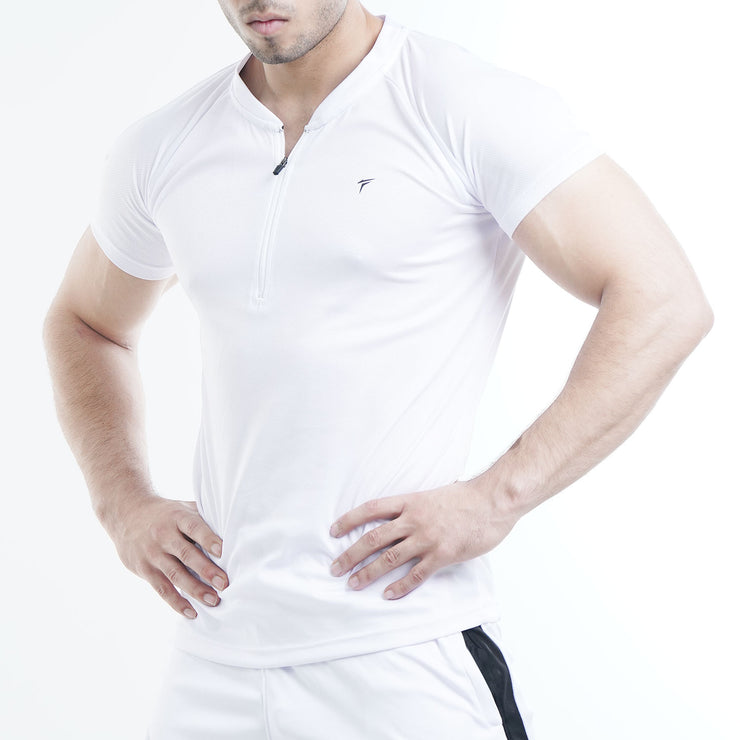 White Mesh Quarter Zip Half Sleeve Tee