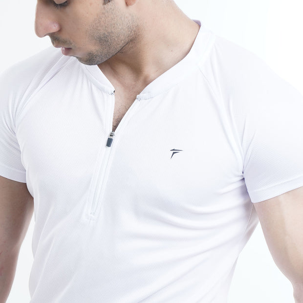 White Mesh Quarter Zip Half Sleeve Tee