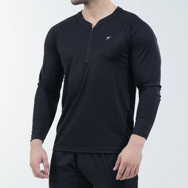 Black Full Sleeve Quarter Zip Mesh Top