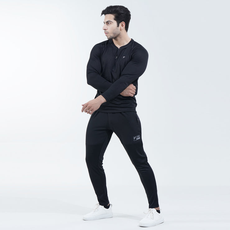 Black Full Sleeve Quarter Zip Mesh Top