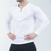 White Full Sleeve Quarter Zip Mesh Top