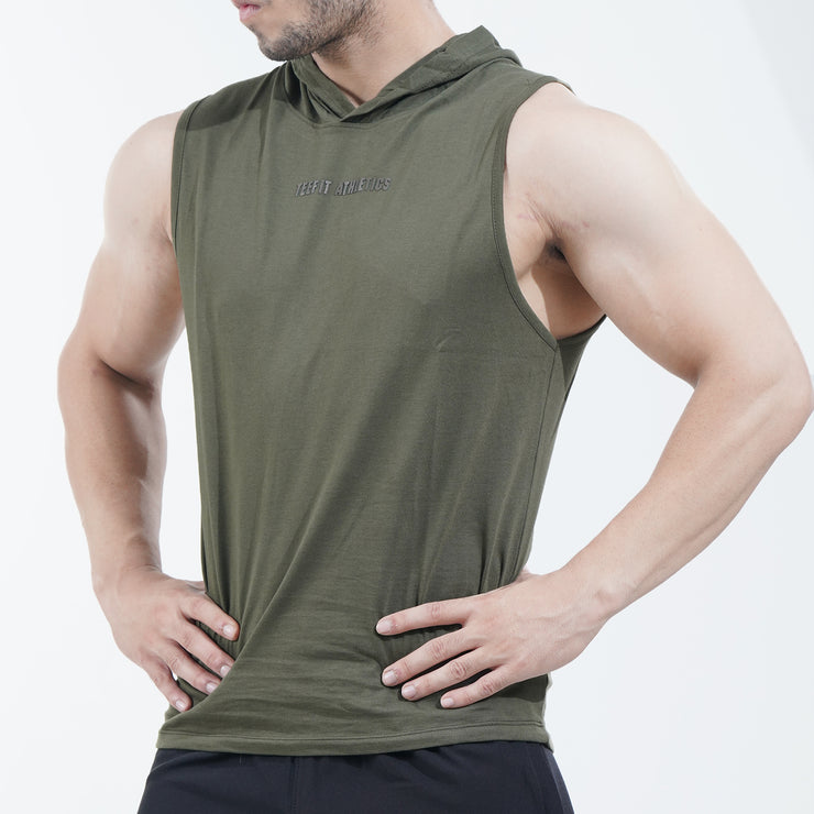 Premium Olive Green Cotton Sleeveless Hoodie Top