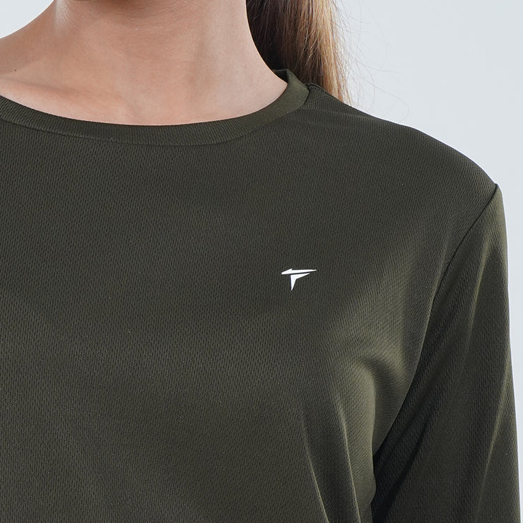 Tf-Olive Green Full Sleeve Women Mesh Performance Tee