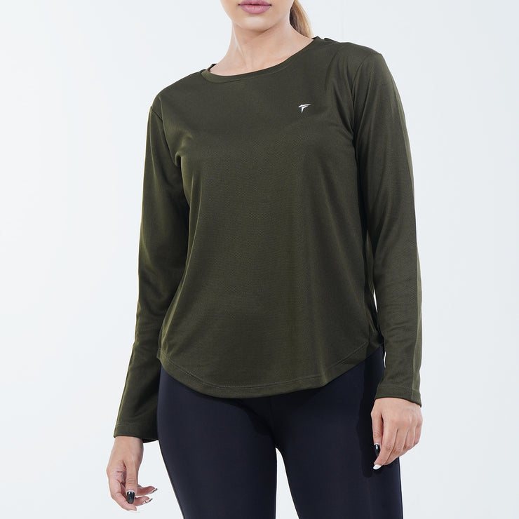 Tf-Olive Green Full Sleeve Women Mesh Performance Tee