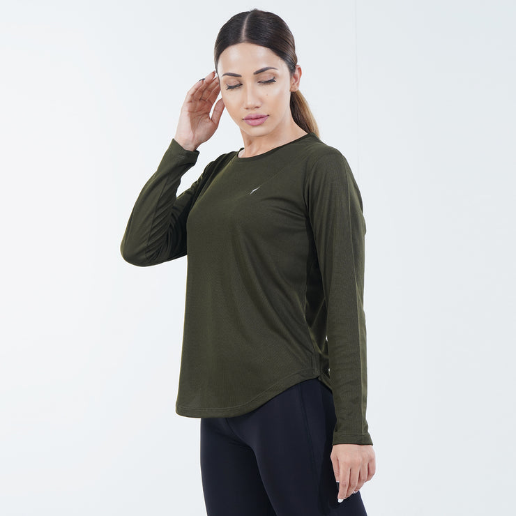 Tf-Olive Green Full Sleeve Women Mesh Performance Tee