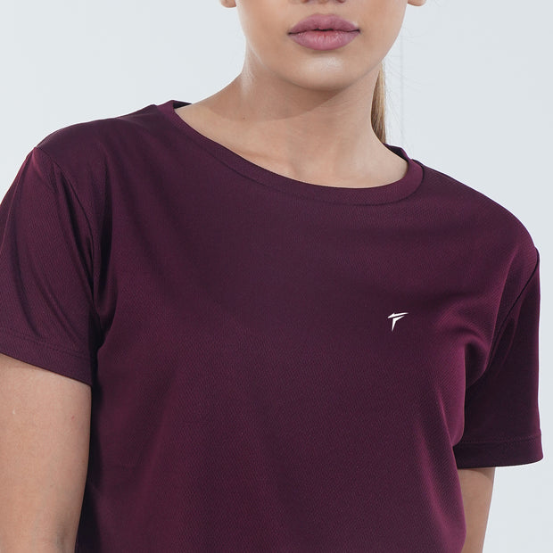 Tf-Maroon Half Sleeve Women Mesh Performance Tee