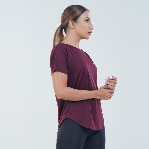 Tf-Maroon Half Sleeve Women Mesh Performance Tee