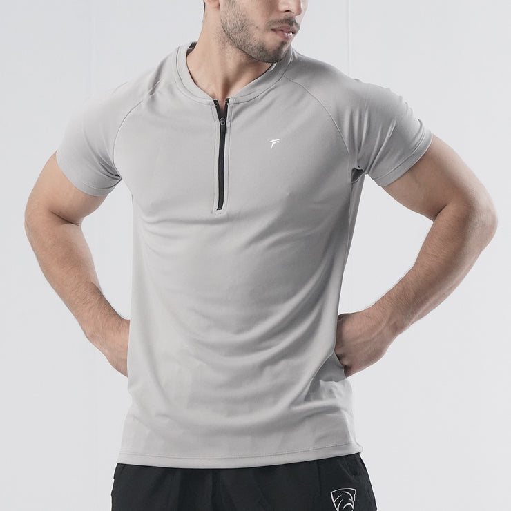 Grey Mesh Quarter Black Zip Half Sleeve Tee