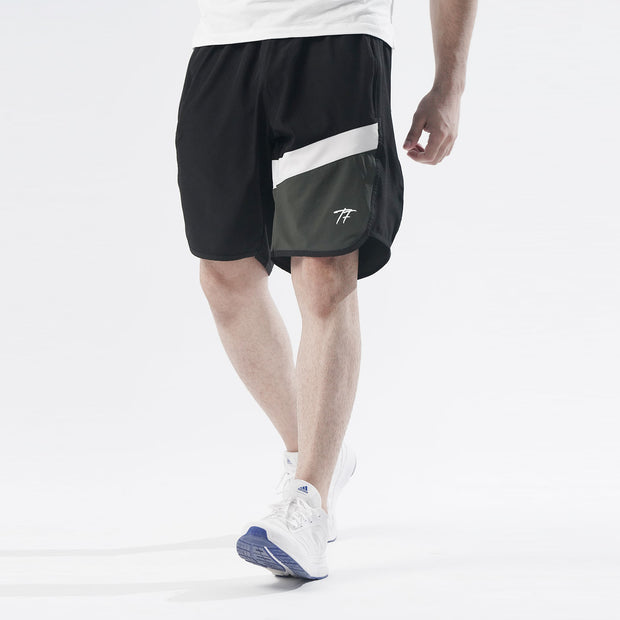 Black, White and Olive Green Multi-Panel Fitness Stage Shorts