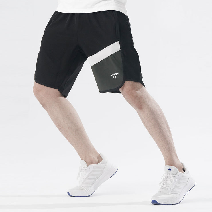 Black, White and Olive Green Multi-Panel Fitness Stage Shorts
