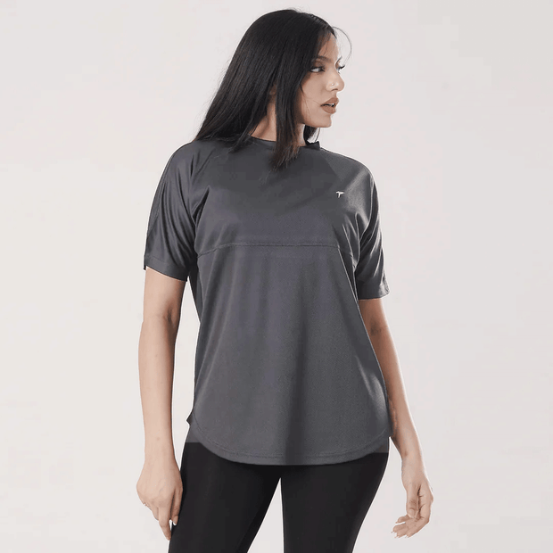 Tf-Grey Relaxed Fit Long Mesh Women Tee
