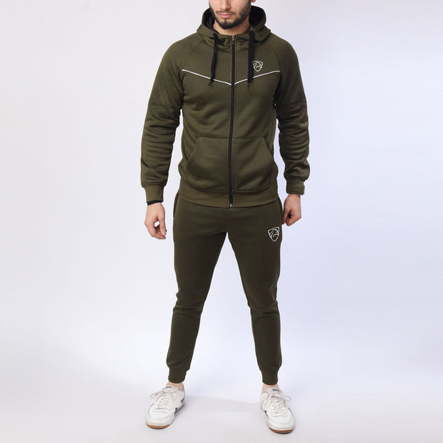 Olive Green Poly Fleece Tracksuit With White Piping