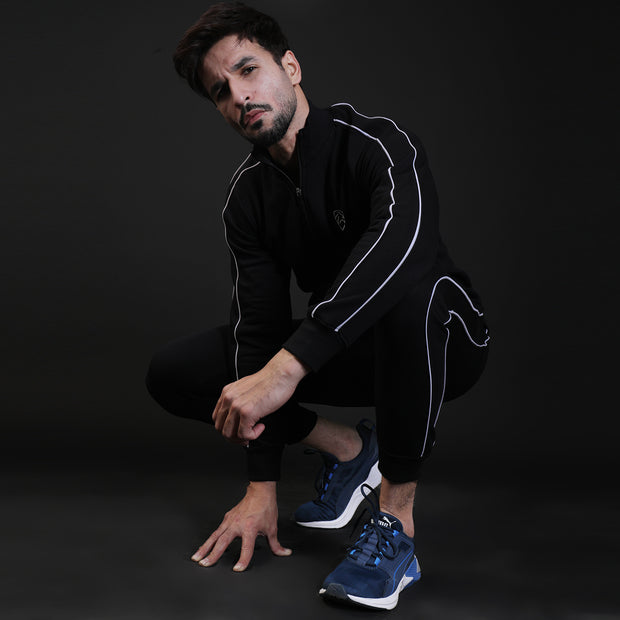Double Piping Black Mock Neck Tracksuit