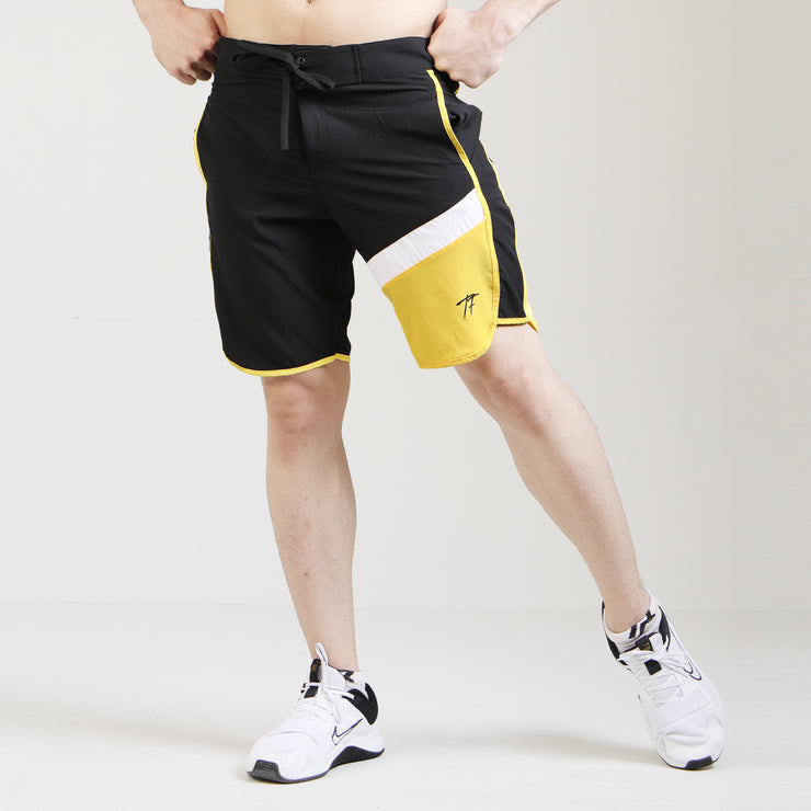 Black White And Yellow Tri-Panel Fitness Stage Shorts