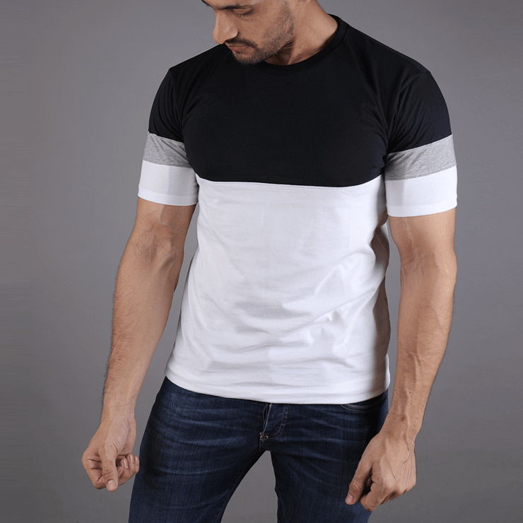 Black White Tee With Grey Arm Panel - TeeFit Fashion