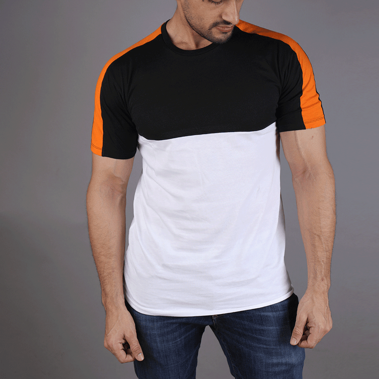 Black White Tee With Orange Shoulder Panel - TeeFit Fashion