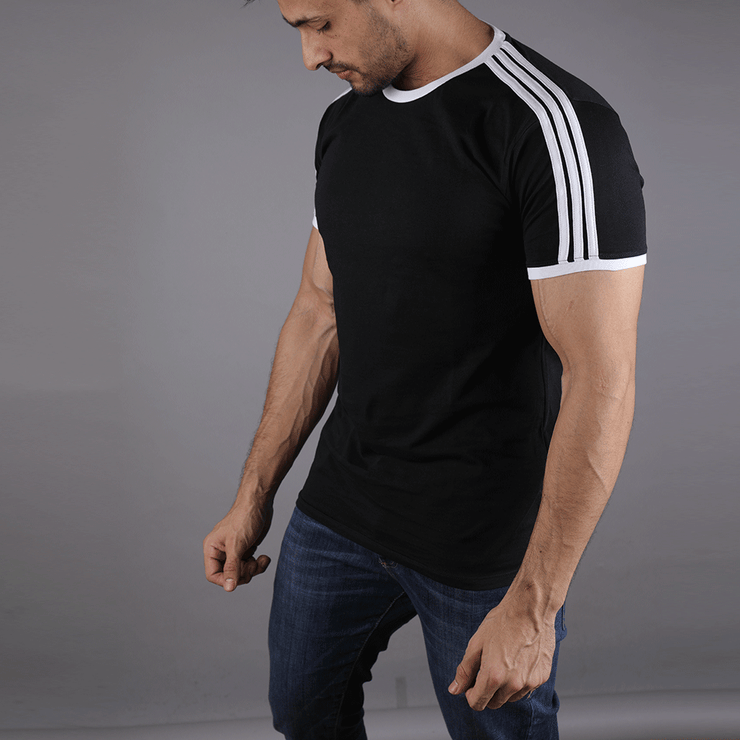 Black Tee With Three White Stripes - TeeFit Fashion