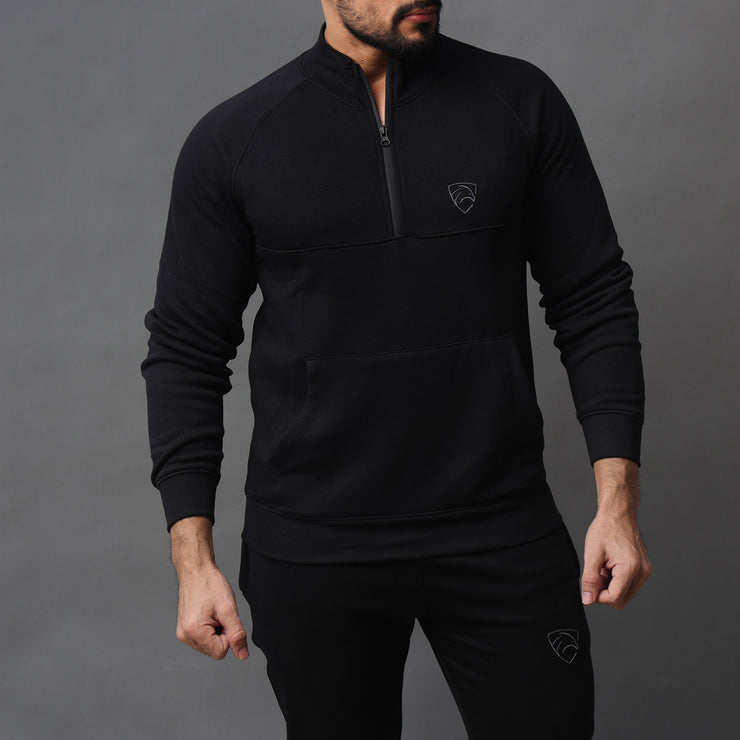 Black Fleece Half Zipper Top With Charcoal Logo