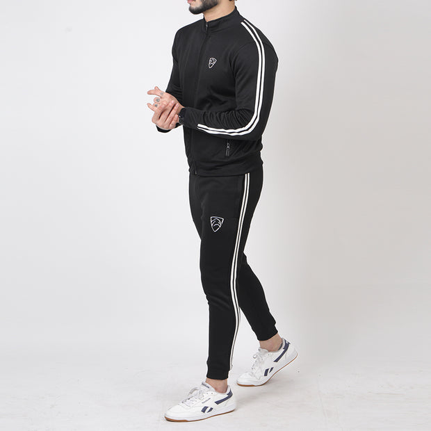 Two Stripes Black Poly Fleece Mock Neck Tracksuit