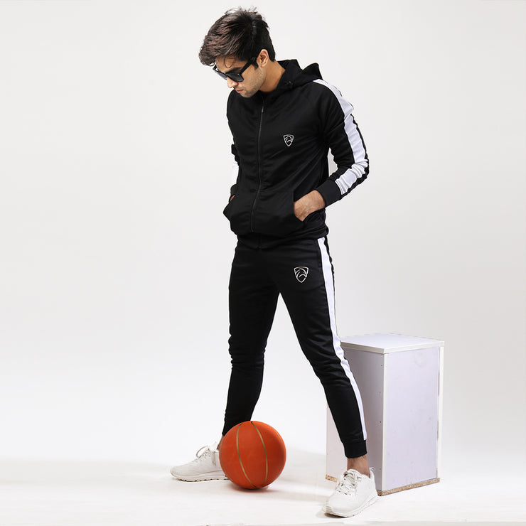 Black PolyFleece Tracksuit With Side White Panel and Hood