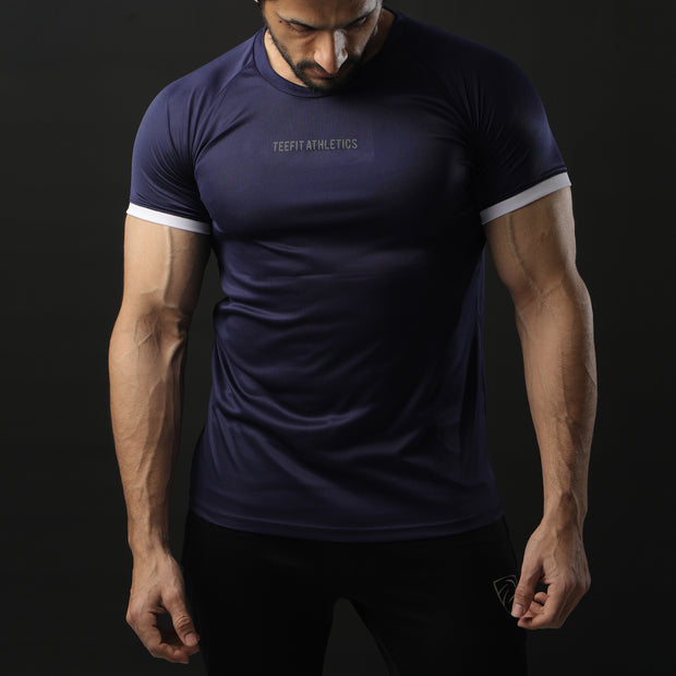 Navy Performance Tee With White Ribs