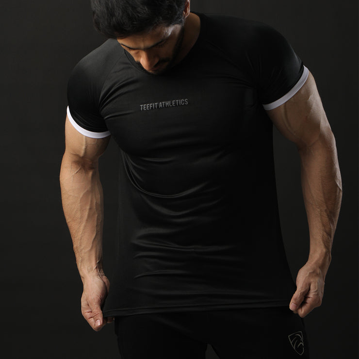 Black Performance Tee With White Ribs