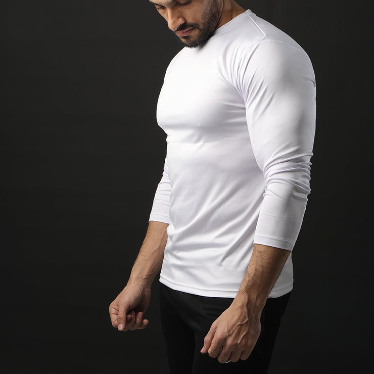 White Full Sleeve Performance Tee With Black Back Panel