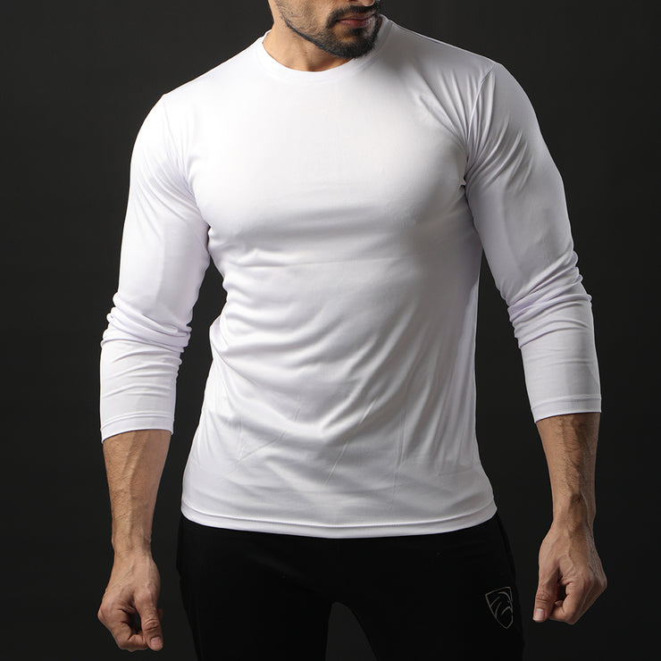 White Full Sleeve Performance Tee With Black Back Panel