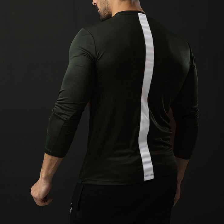 Olive Green Full Sleeve Performance Tee With White Back Panel