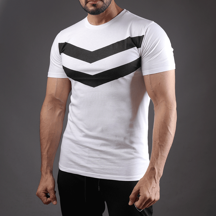 White Crew Neck Tee With V Print - TeeFit Fashion