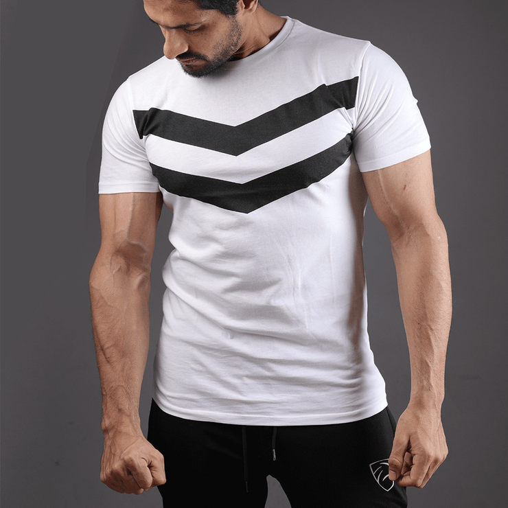 White Crew Neck Tee With V Print - TeeFit Fashion